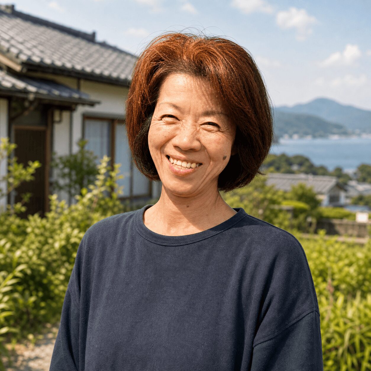 南島原の家の前に立つ、おとなりサポート代表 塚本明子