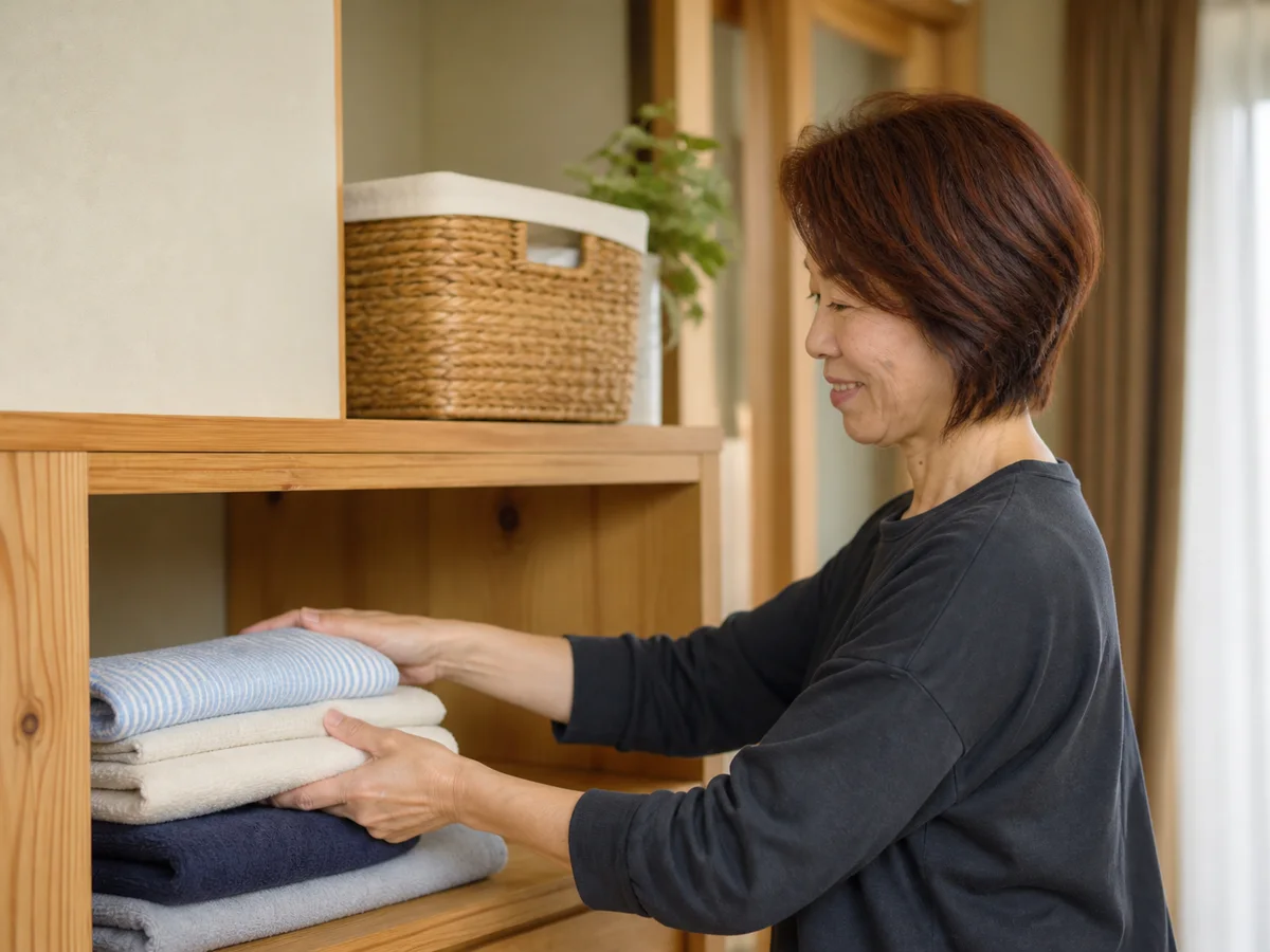 木製の棚でタオルを整える作業者の横顔のイメージ